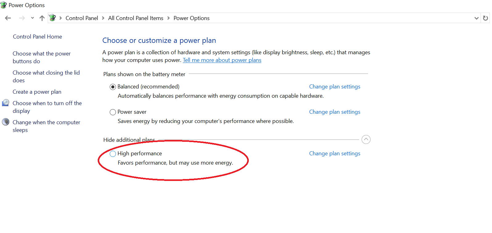 Screenshot des Einstellungsmenüs für Energieoptionen, das in Windows verfügbar ist und die Einstellung „Hohe Leistung“ hervorhebt