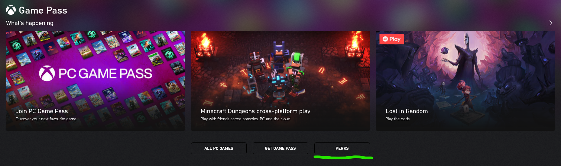 screenshot of the Xbox app highlighting the perks tab