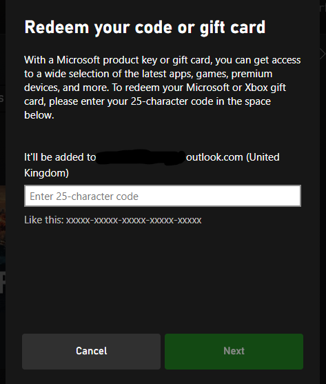 screenshot of the prompt for claiming promotional codes in the xbox app