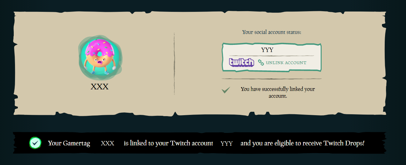 Example of a completed account linked through the Sea of Thieves website
