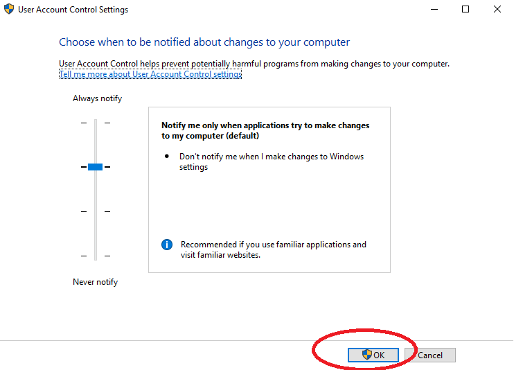 Screenshot of the User Account Control Settings available within Windows