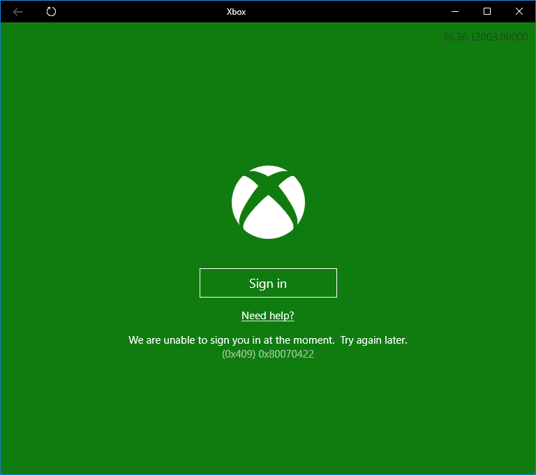 Zrzut ekranu przedstawiający komunikat o błędzie uniemożliwiający graczowi zalogowanie się do aplikacji Xbox