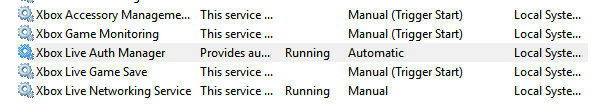 Screenshot of the required running services for the Xbox app to function correctly