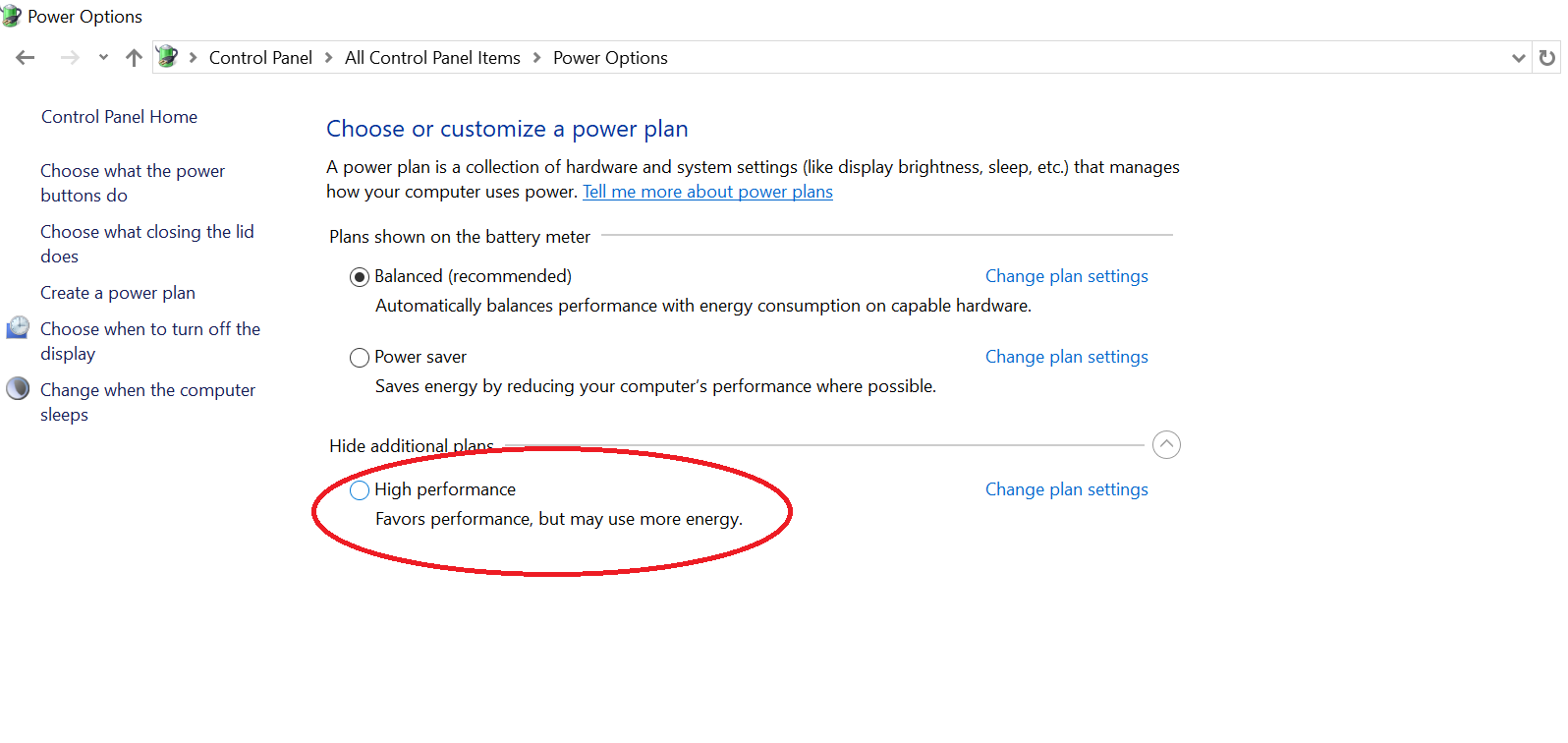 Captura de pantalla del menú de configuración Opciones de energía disponible en Windows que resalta la configuración de alto rendimiento