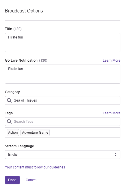 Screenshot delle impostazioni delle opzioni di trasmissione in Twitch