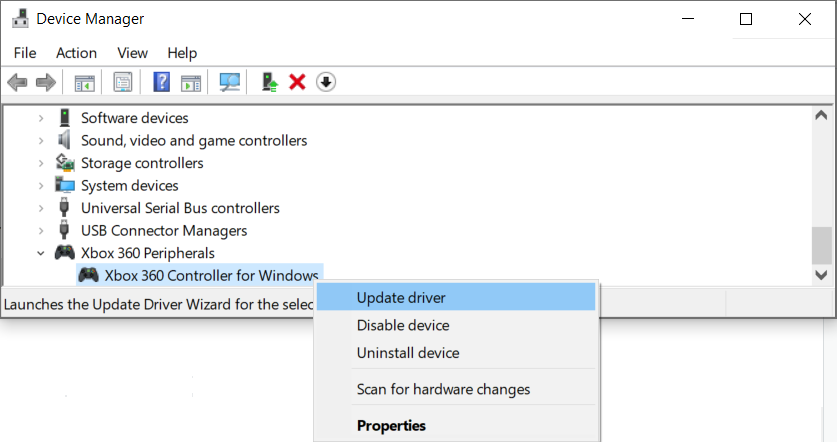 Screenshot of the Device Manager tool within Windows highlighting how to update your controller