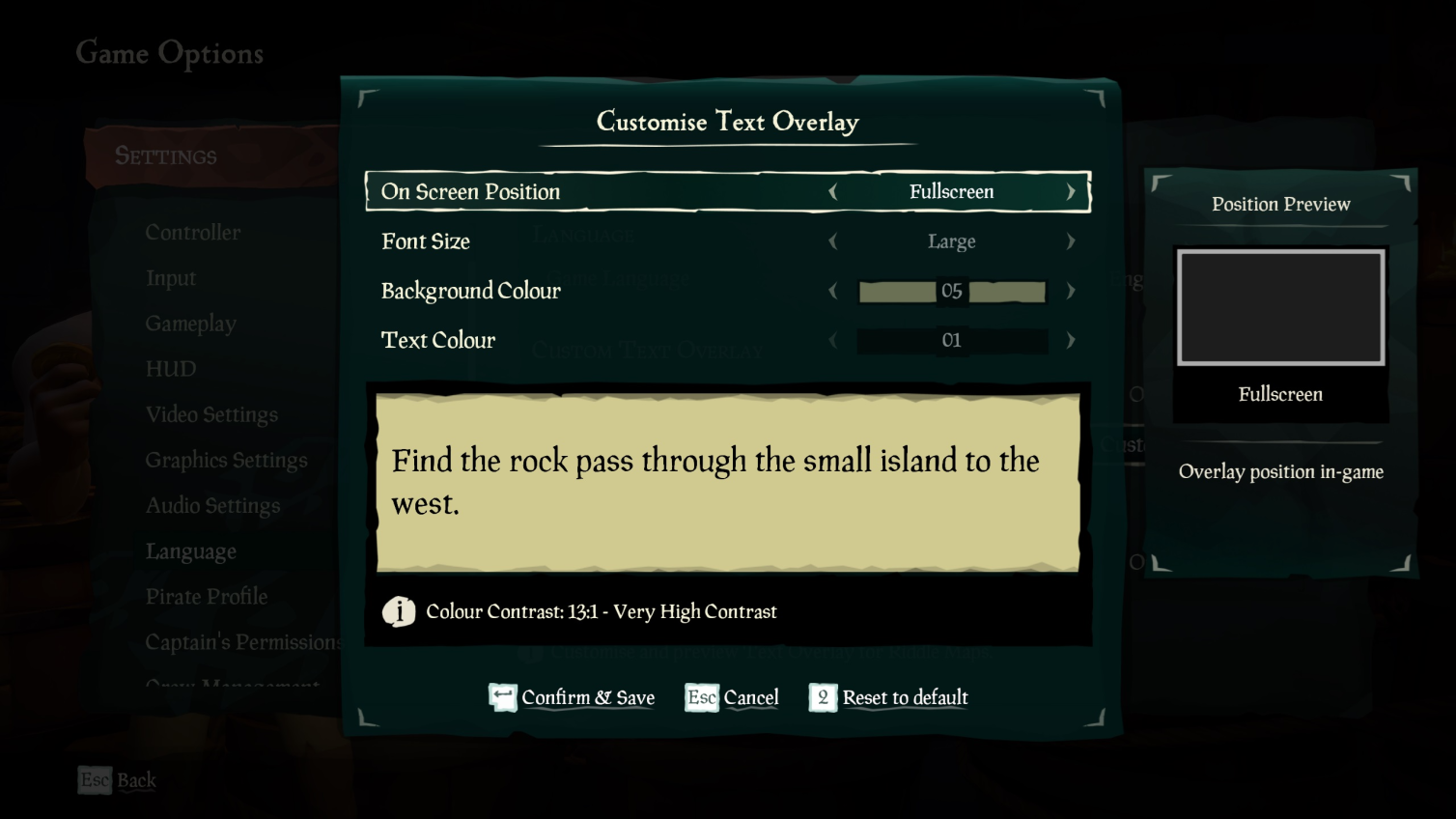 Capture d'écran du menu de superposition de texte personnalisé présentant les options disponibles