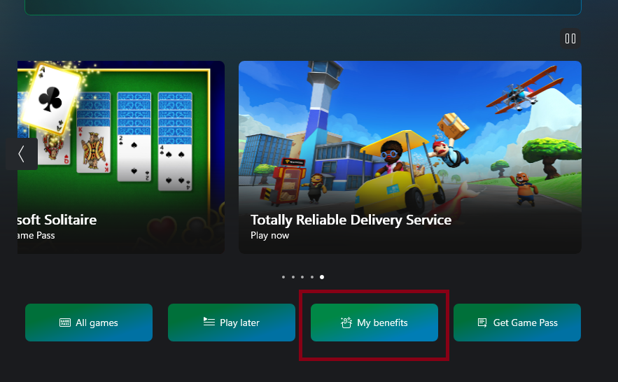 다양한 선택지를 나열한 XBOX 앱의 스크린샷. /"내 특별 보상/" 선택지가 원으로 표시되어 있습니다