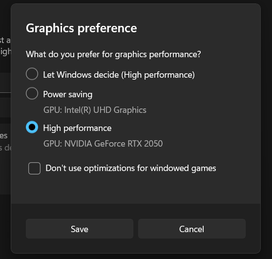 Una captura de pantalla que muestra las distintas opciones de preferencias gráficas disponibles con Alto rendimiento seleccionada