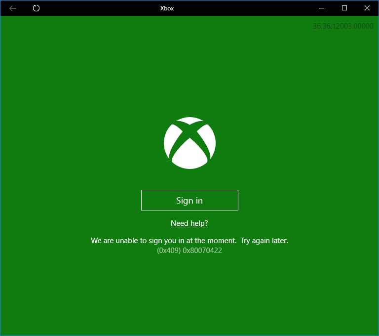 Screenshot of the error message preventing player logging into the Xbox App