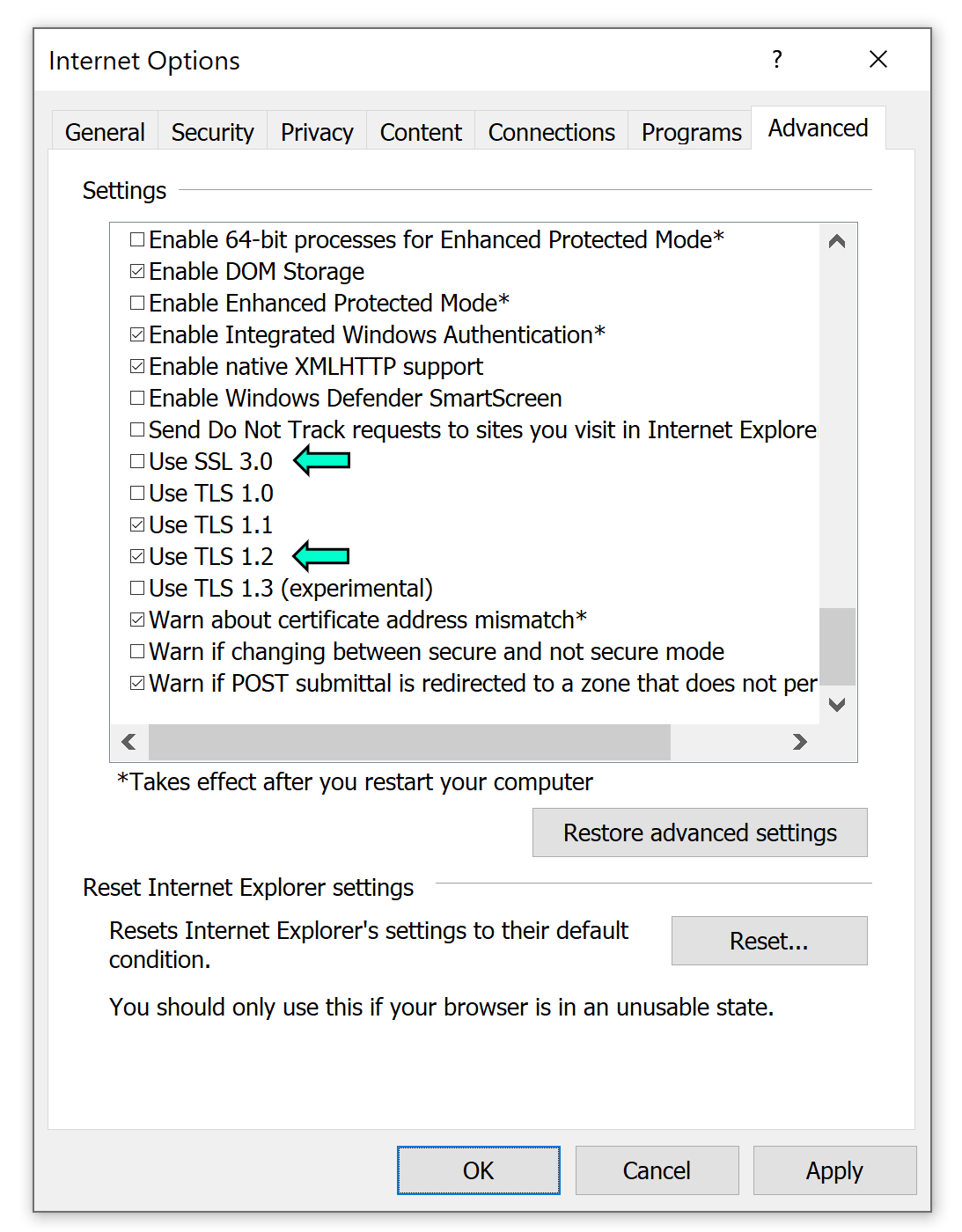 Screenshot of the Internet Options settings menu within Windows
