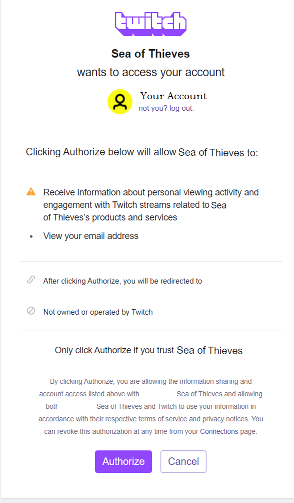 用於帳戶關聯授權的Sea of Thieves網站的屏幕截圖