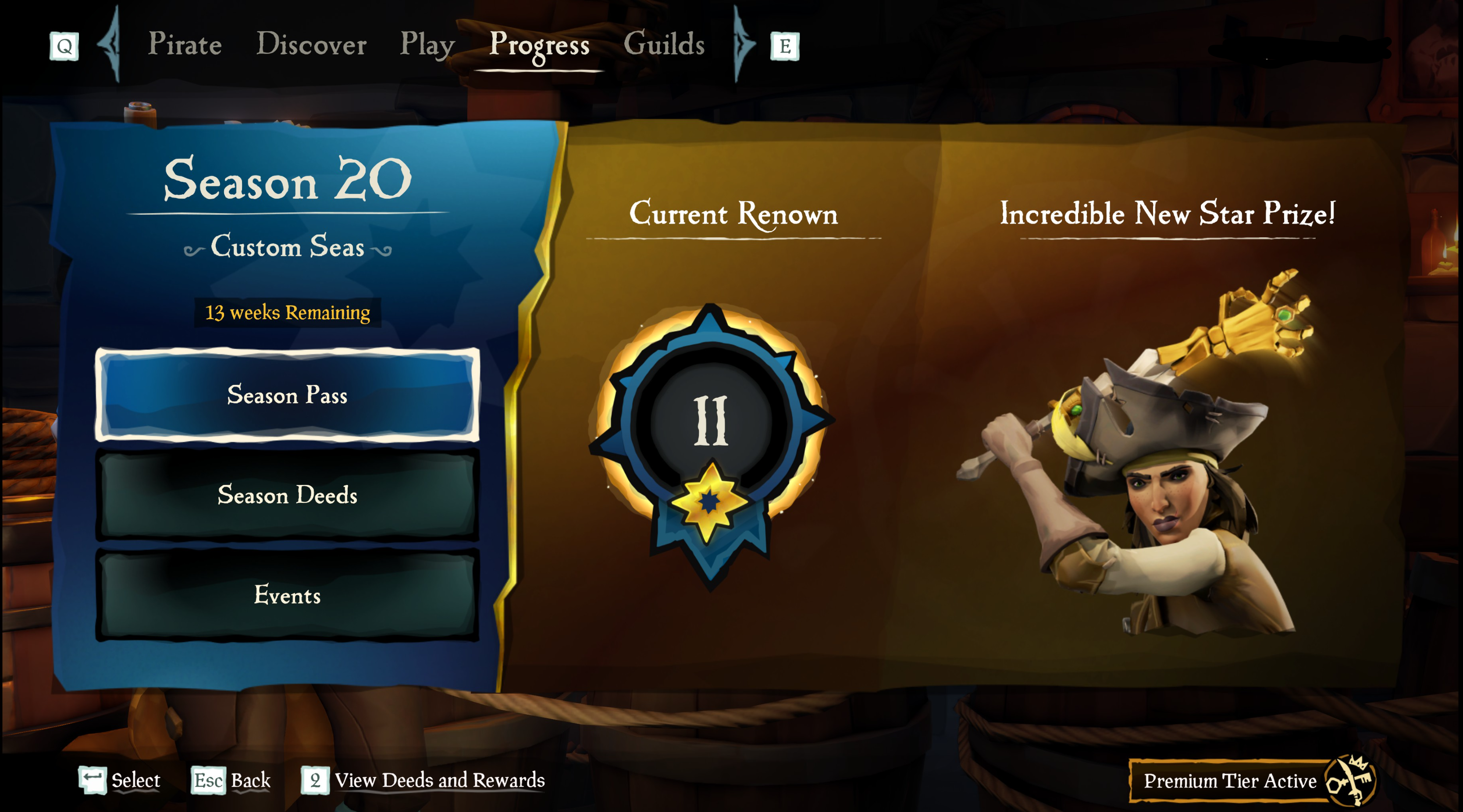 Uma captura de tela mostrando a guia "Progresso", destacando a opção ''Passe de Temporada''