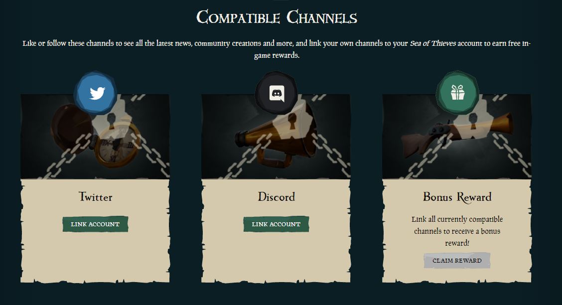 Sea of Thieves社交赃物网页的屏幕截图，突出显示所有奖励